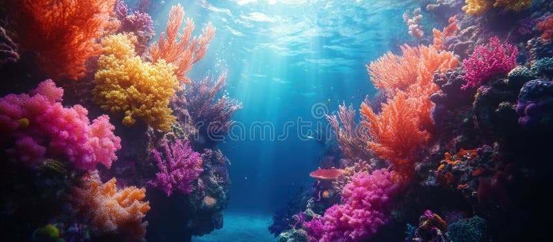 Vibrant underwater coral reef with sunbeams shining through the water stock illustration