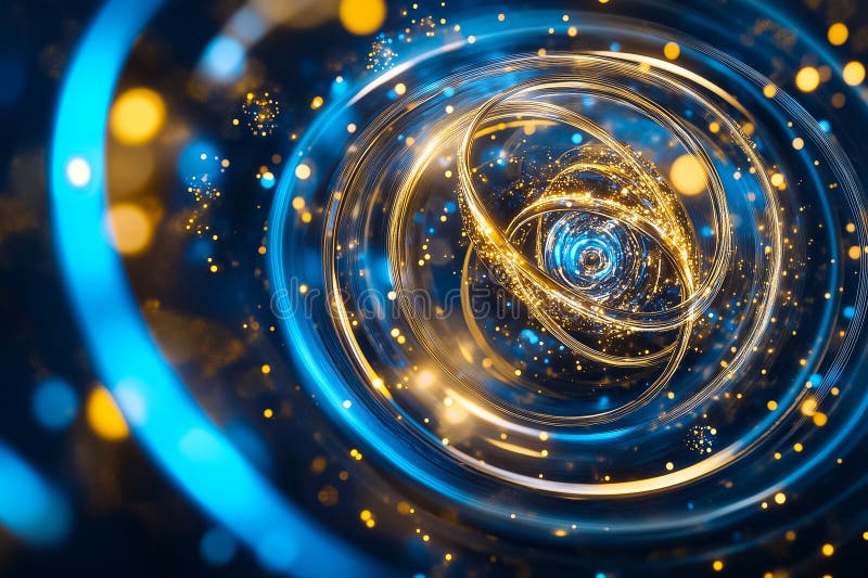 A vibrant visualization of quantum computing with swirling lights and dynamic particles stock photo