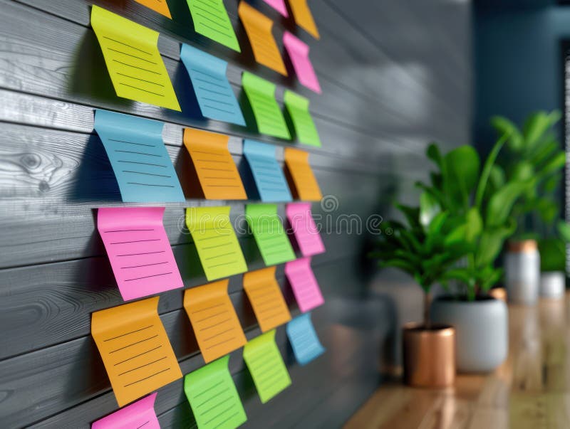 Colorful Post-it Notes on a Wooden Wall A Visual Representation of Creative Task Management and Workflow Organization stock illustration
