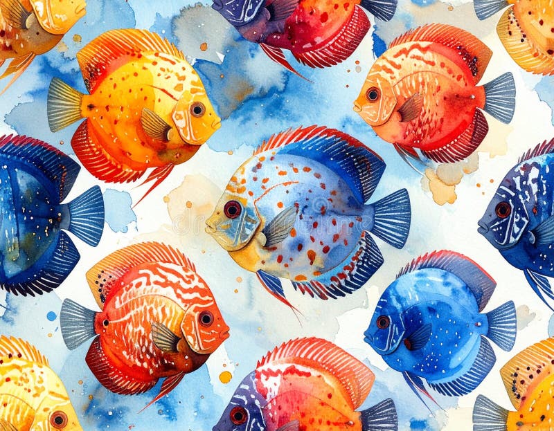 Vibrant Watercolor Discus Fish Pattern stock illustration