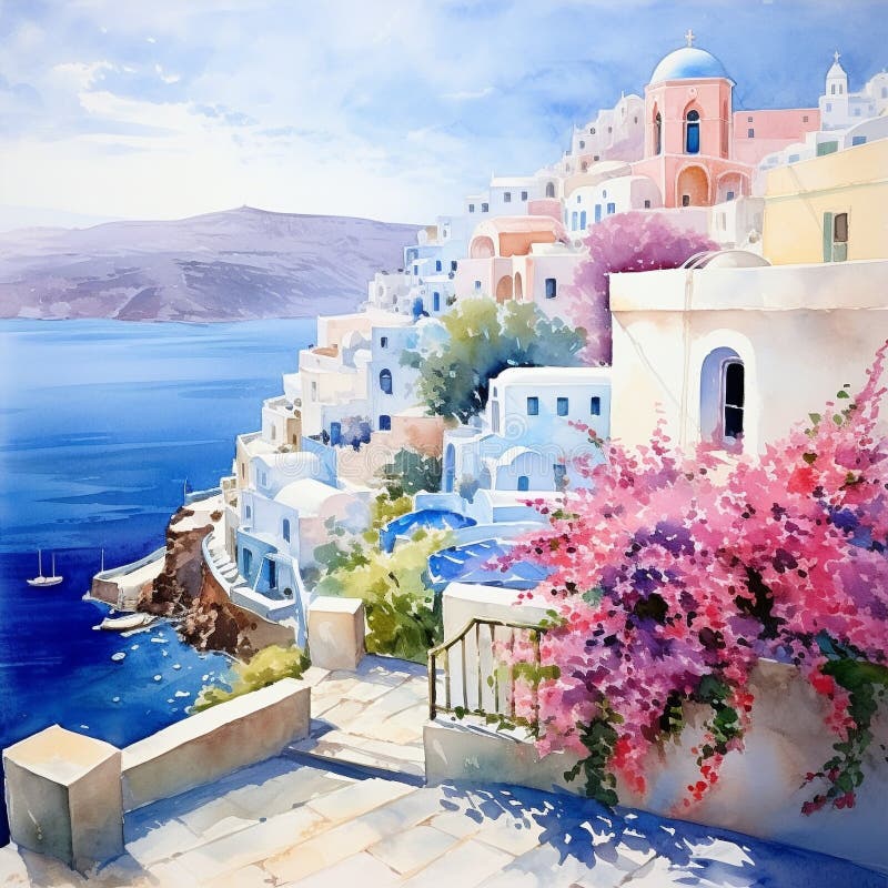 Greek landscape. watercolor painting. Landscape with flowers