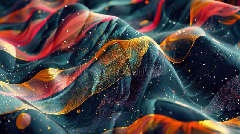 Vibrant waves of color shimmer with a cosmic glow, blending deep blues and radiant golds in an abstract tapestry vector illustration