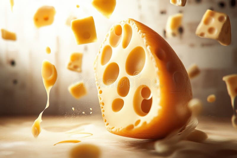 Cheese wedge bursts with flavor as cubes and shavings fall around it. A vibrant wedge of cheese is surrounded by floating cubes and shavings, creating a dynamic culinary display. AI generated