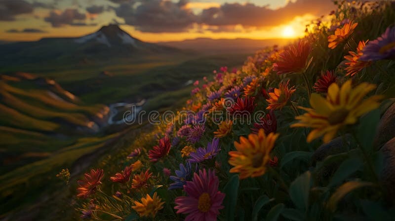 Vibrant WildblommSunset Mountain Meadow Landcape Red view Rosa hills flora bild royaltyfri illustrationer