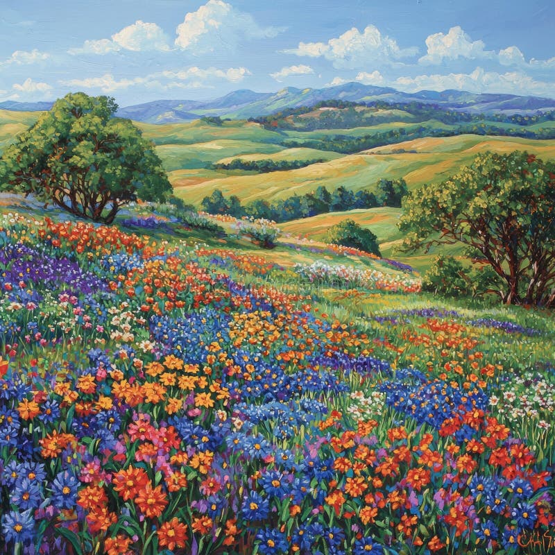 Flower Field Blue Flowers Meadow Sky Oil Painting Stock Flower Field Blue Flowers Meadow Sky Oil Painting Stock