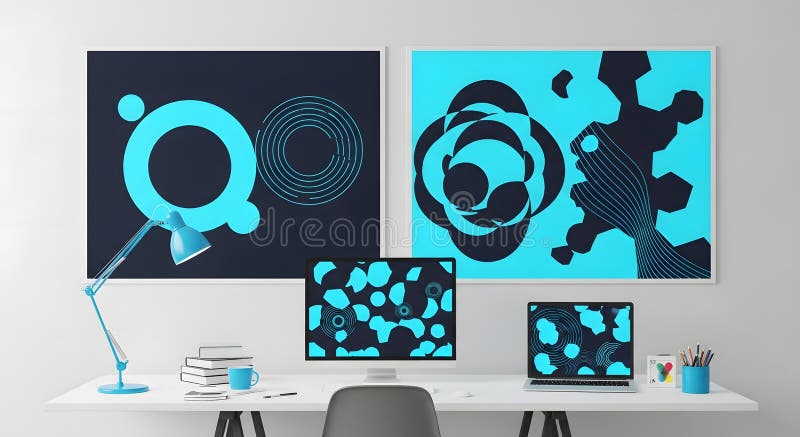 Modern Workspace with Geometric Art and Tech Gadgets on White Desk stock image