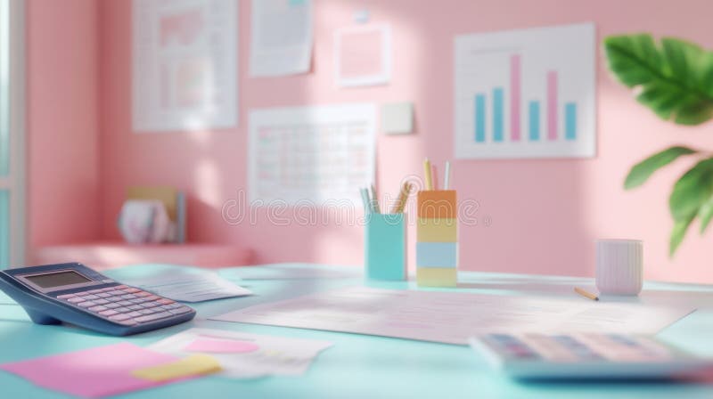 Vibrant workspace with stationery and charts reflecting a productive atmosphere in a modern office setting stock photography