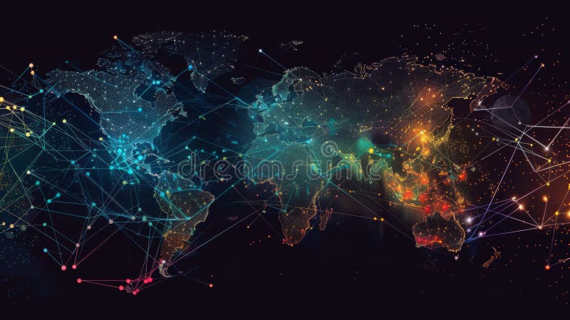 Global Network Connections on World Map with Colorful Nodes vector illustration