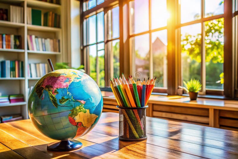 Żywa mapa świata na skąpanym w słońcu biurku: Przestrzeń do nauki inspirowana globalną eksploracją ilustracji