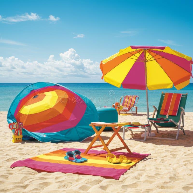 Vibrante escena de playa con paraguas coloridos y sillas libre illustration