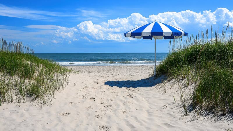Vibrante escena de playa con un paraguas de rayas azules libre illustration