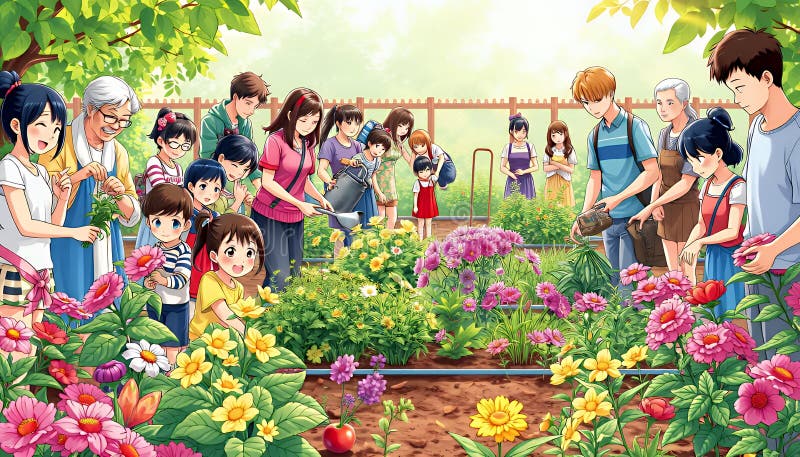 Vibrante estilo anime Ilustración de jardín comunitario con flores y diverso grupo de jardines Comunidad ecológica ilustración del vector