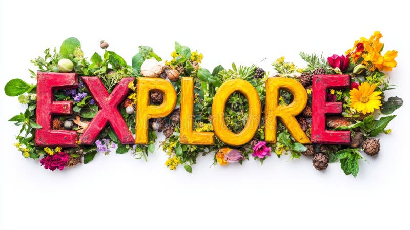 Vibrante EXPLORE Arte de Word con elementos naturales coloridos sobre fondo blanco aislado ilustración del vector