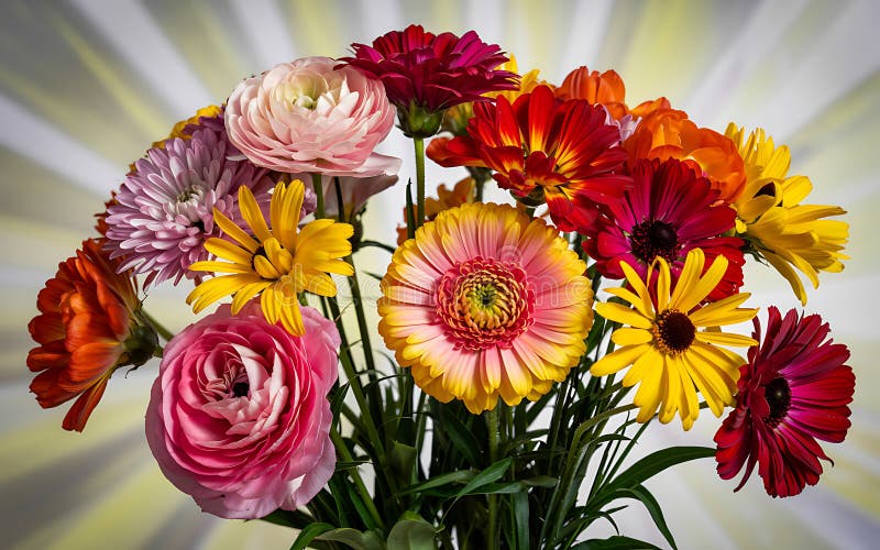 Vibrante Flor Mixta Bouquet Coloridas Gerberas Ranunculus Daisies para la decoración ilustración del vector