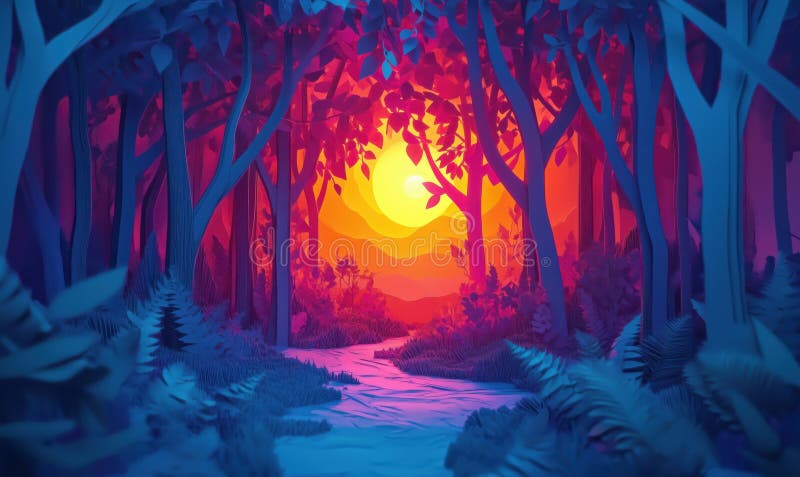 Vibrante puesta de sol en un bosque estilizado con follaje colorido y sendero sereno fotografía de archivo libre de regalías