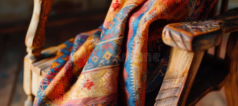 Vibrante sciarpa di seta con colori colorati sulla sedia in legno di ferro in luce molle fotografie stock libere da diritti