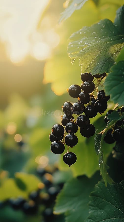Vibrantes grosellas negras colgadas de hojas verdes en un jardín al atardecer imagenes de archivo