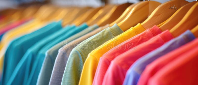 Vibrantly Colored Shirts Suspended On Rustic Wooden Hangers, Awaiting Use royalty free illustration