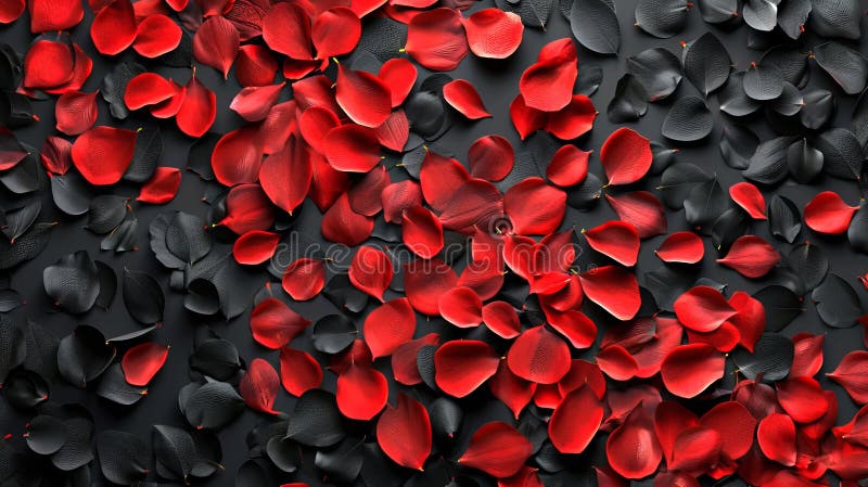 Vibrerande svarta och röda rosenblad kaos konstform elegant flordesign romantisk abstrakt bakgrund. valentiner arkivfoton