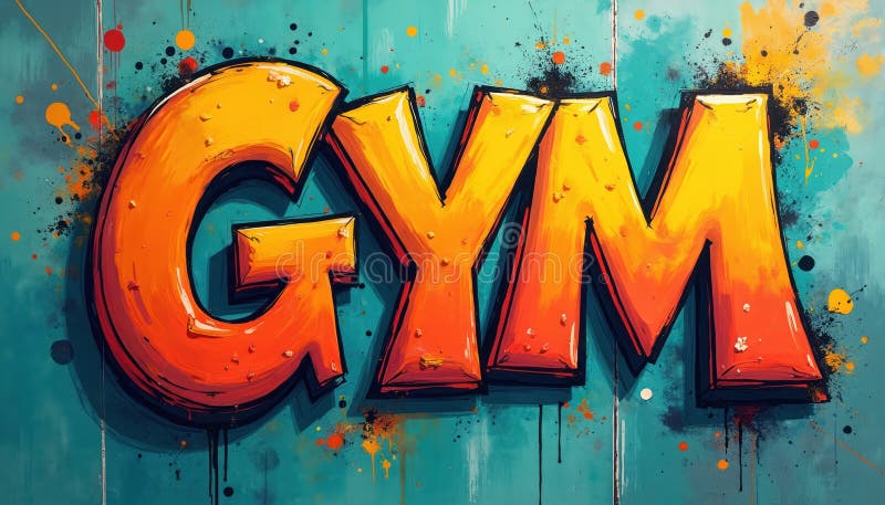 Vibrierendes Graffiti-Kunstwerk zeigt Wort GYM mit Schultag auf farbigem dynamischem Hintergrund. Gemälde im urbanen Stil stock abbildung