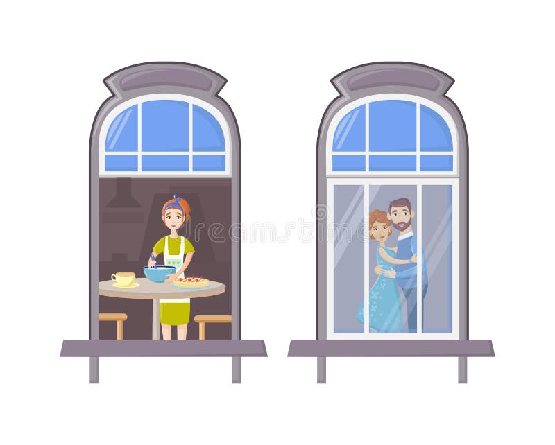 Neighbors in windows of old house. House building facade with open windows and with people. Girl near the table preparing holiday cake in kitchen, couple in love dancing near window vector. Neighbors in windows of old house. House building facade with open windows and with people. Girl near the table preparing holiday cake in kitchen, couple in love dancing near window vector