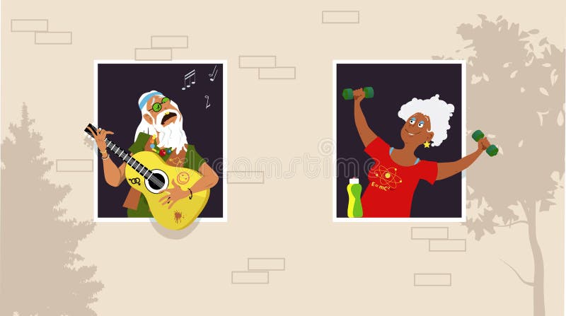 Mature woman working out at the window, listening her old hippy neighbor playing guitar and singing, EPS 8 vector illustration. Mature woman working out at the window, listening her old hippy neighbor playing guitar and singing, EPS 8 vector illustration