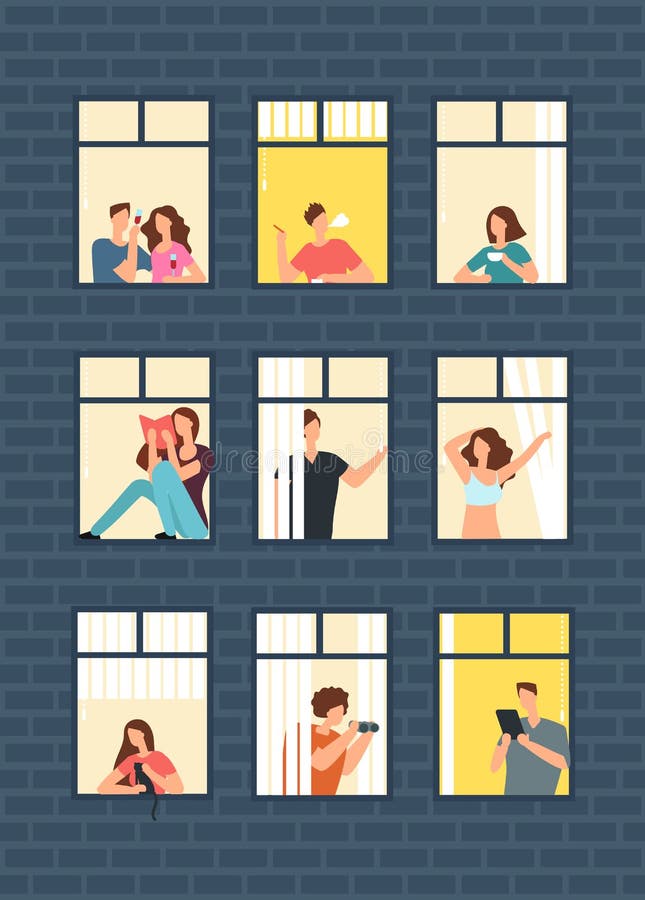 Cartoon man and woman neighbors in apartment windows in building. Happy neighborhood vector flat concept. Building window with man or woman character illustration. Cartoon man and woman neighbors in apartment windows in building. Happy neighborhood vector flat concept. Building window with man or woman character illustration