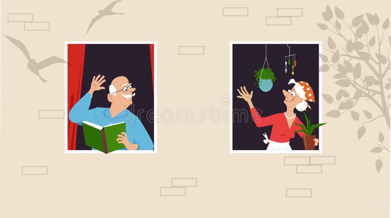 Senior woman taking care of her plants and greeting her neighbor who is reading a book at the window, EPS 8 vector illustration. Senior woman taking care of her plants and greeting her neighbor who is reading a book at the window, EPS 8 vector illustration