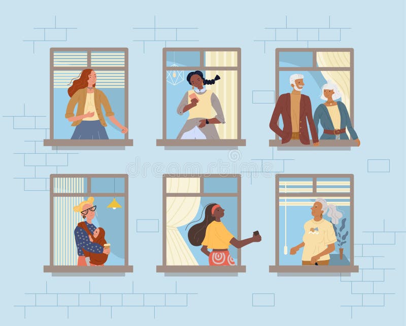 Neighbors in window. Neighborhood relationship communication. Senior couple, mature woman, teenager girl, mother holding newborn baby. Young, adult, mature people stay home during coronavirus. Neighbors in window. Neighborhood relationship communication. Senior couple, mature woman, teenager girl, mother holding newborn baby. Young, adult, mature people stay home during coronavirus