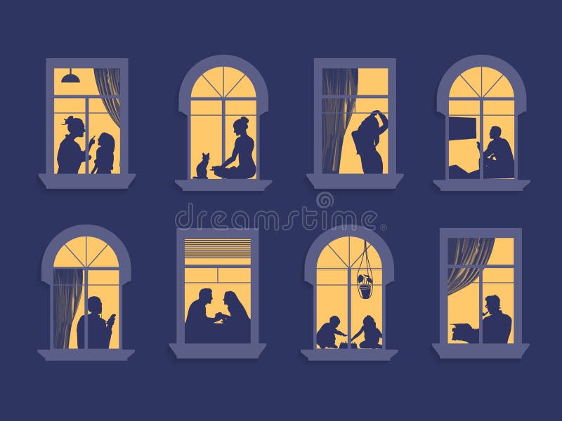 Neighbors in the windows. Cartoon characters in their apartment listen to music, children play and spend time together. Vector. Evening home scene, silhouette or shadow of people in the window. Neighbors in the windows. Cartoon characters in their apartment listen to music, children play and spend time together. Vector. Evening home scene, silhouette or shadow of people in the window