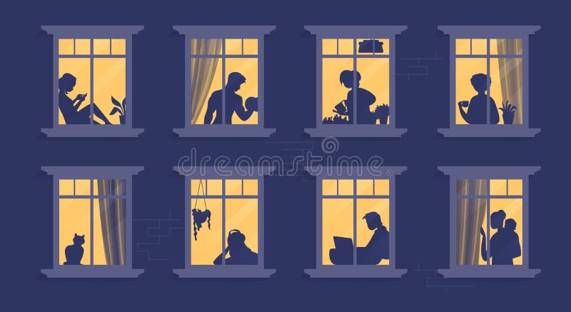 Neighbors in windows. Cartoon characters at their apartment reading book, cooking, watching TV and spending time together. Vector illustration evening home scene, silhouette or shadow people in window. Neighbors in windows. Cartoon characters at their apartment reading book, cooking, watching TV and spending time together. Vector illustration evening home scene, silhouette or shadow people in window