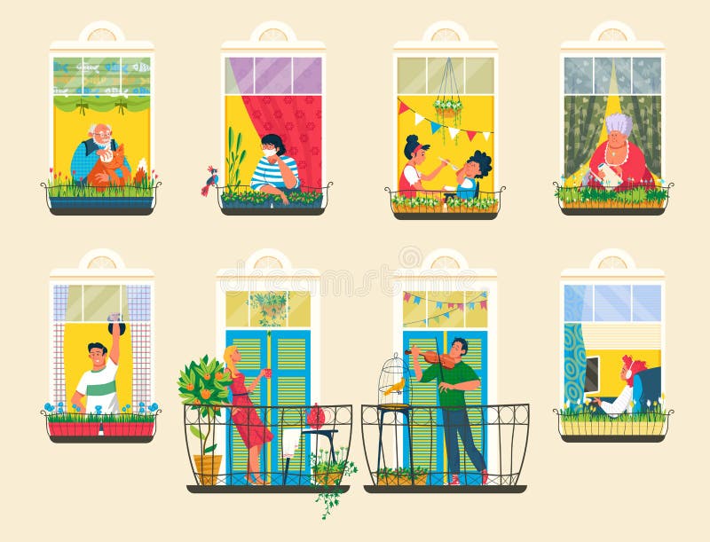 Neighbors people in house windows vector illustration. Cartoon flat man woman characters in neighboring home apartments play violin, do sport exercises, grow plants, neighborhood everyday activity. Neighbors people in house windows vector illustration. Cartoon flat man woman characters in neighboring home apartments play violin, do sport exercises, grow plants, neighborhood everyday activity