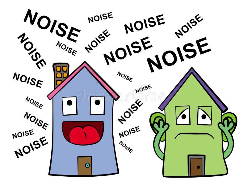 A house with a an open mouth surrounded by noise words and another house covering his ears. A house with a an open mouth surrounded by noise words and another house covering his ears