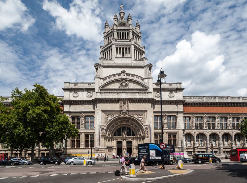 The facade of the the Victoria and Albert Museum in London, England with its main adorned tower. The facade of the the Victoria and Albert Museum in London, England with its main adorned tower