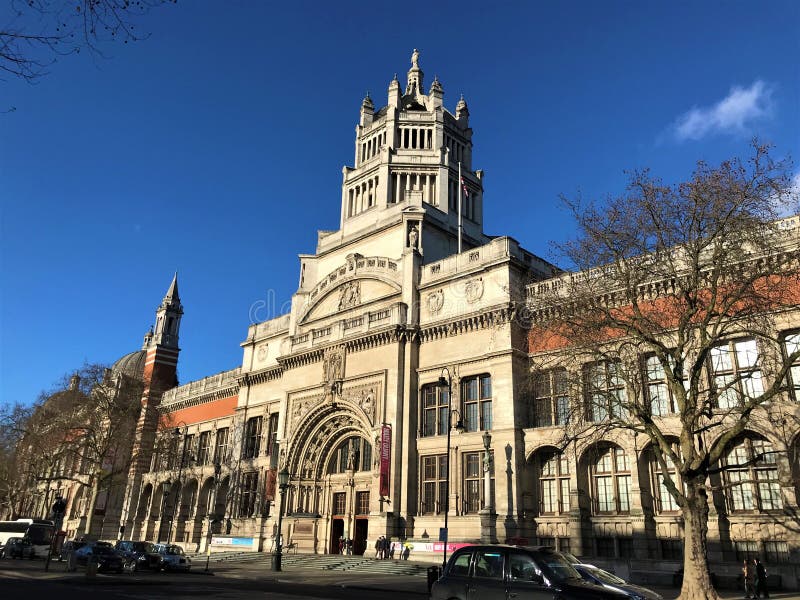 Victoria and Albert Museum, South Kensington, London, building exterior daytime with clear blue sky