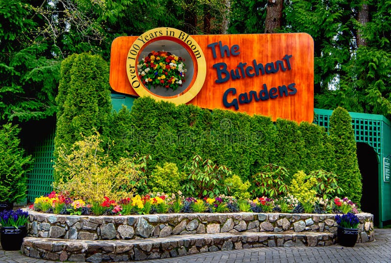 VICTORIA, BC - April 9: The sign of the butchart gardens on April 9, 2018 in Victoria. Butchart gardens is a group of floral display gardens in Victoria and it becomes National Historic Site of Canada.