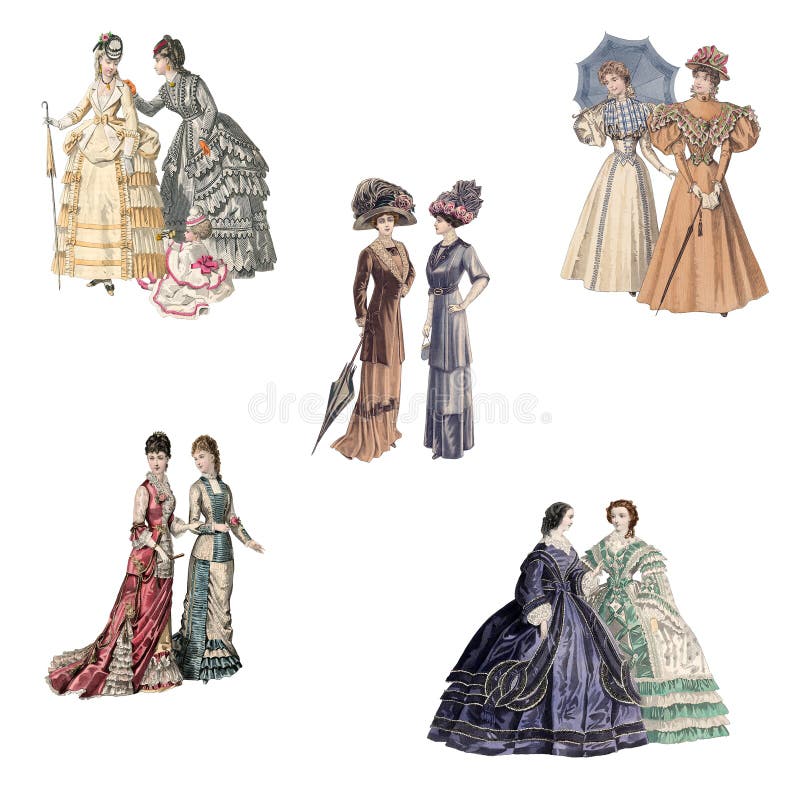 Victorian and edwardian Ladies in fashionable dresses of the time