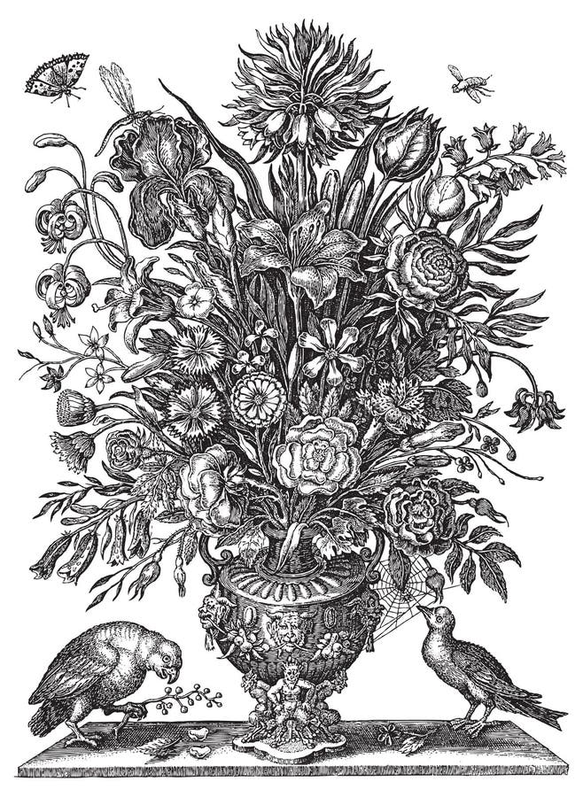 Victorian för vektor för vase för fågelbukettblomma stock illustrationer