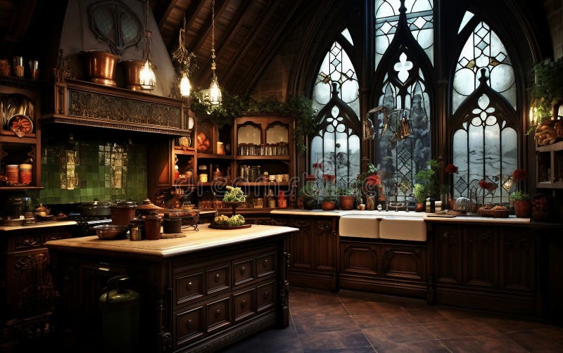 Victorian Gothic Kitchen on Generative Ai. Stock Illustration