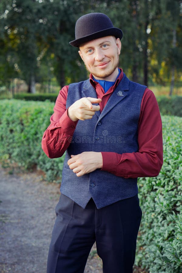 Victorian Steampunk Retro Adwenturer Guy in Bowler Hat Stock Image