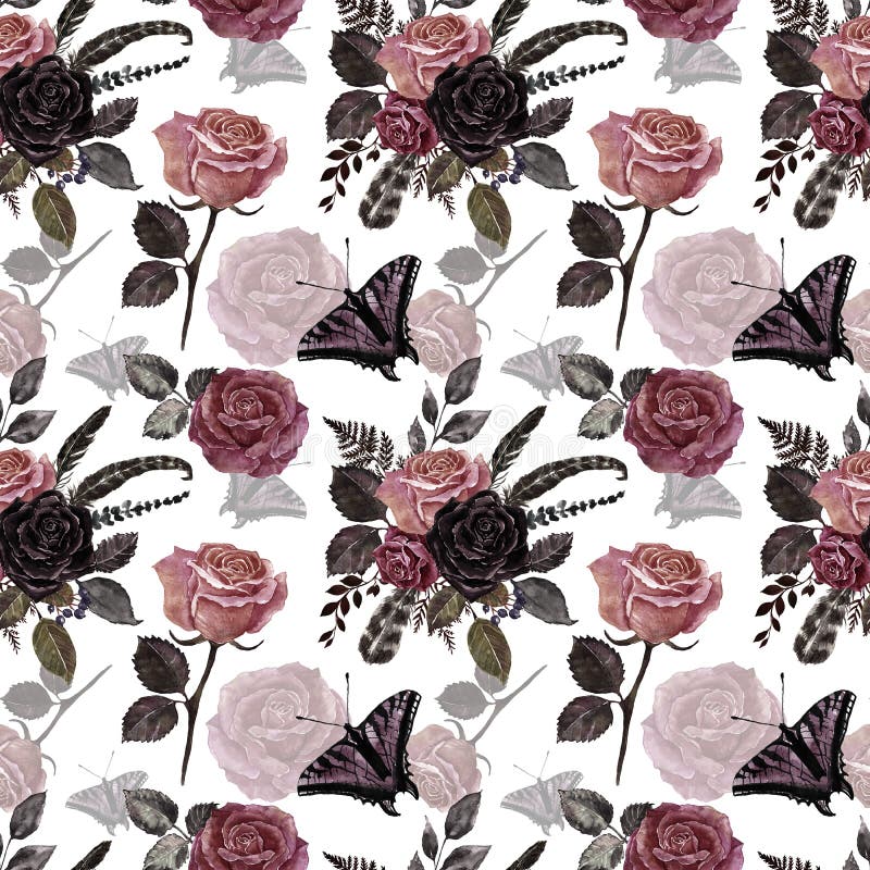 Victorian Vintage Style Seamless Pattern with Watercolor Red and ...
