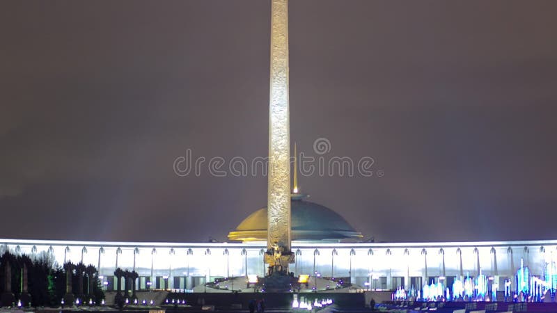 Victory park architectural ensemble with monuments, obelisk, Christmas tree at evening timelapse hyperlapse in Moscow