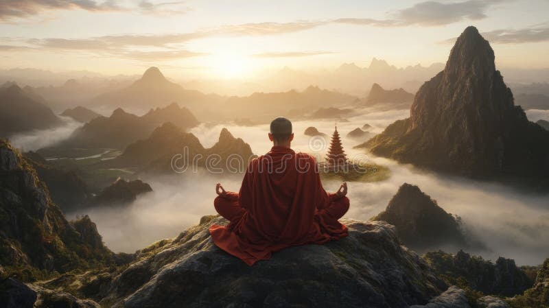 Vid solnedgången sitter en munk i meditation på en bergstoppsmätare i en misttäckt dal och ett tempel under. royaltyfri bild