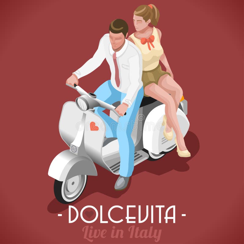 Dolce Vita Flat 3d Isometric Couple Marcello and Audrey on their Vintage Scooter Sweet Roman Holiday in Italy. Dolce Vita Flat 3d Isometric Couple Marcello and Audrey on their Vintage Scooter Sweet Roman Holiday in Italy