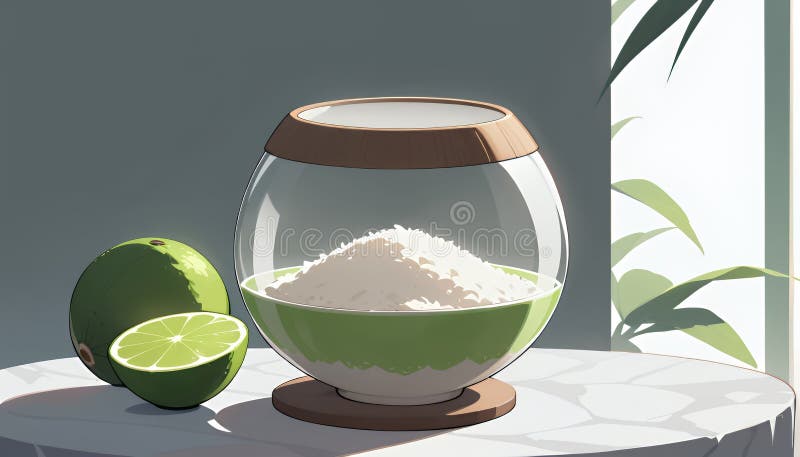 Vida fija de AnimeStyle : Lime y azúcar en la mesa de mármol suave del bol de vidrio. Vida de los animales que representa un recipiente de vidrio lleno de azúcar blanco y un líquido verde claro junto a una lima entera y una cal cortada a la mitad. La escena se encuentra sobre una mesa de mármol gris claro bañada por una luz natural suave que entra por una ventana con un follaje borroso visible en el fondo. La estética general es minimalista y serena con