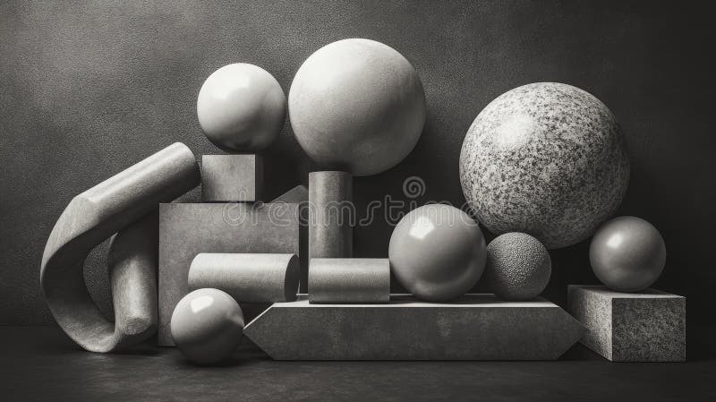 Vida residual moderna de objetos geométricos, incluidos cilindros y cubos de esferas fotografía de archivo