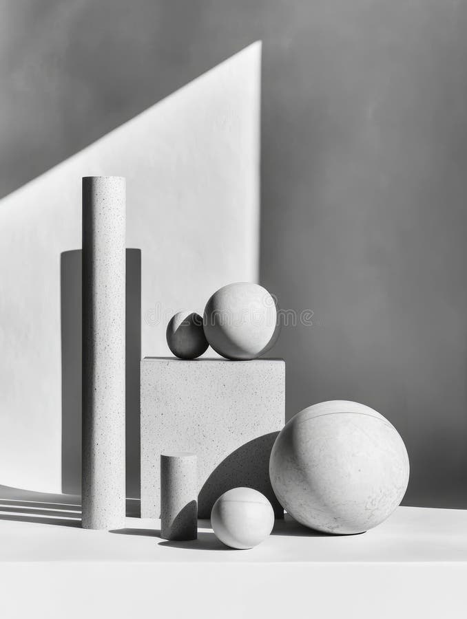 Vida residual moderna de objetos geométricos, incluidos cilindros y cubos de esferas imágenes de archivo libres de regalías