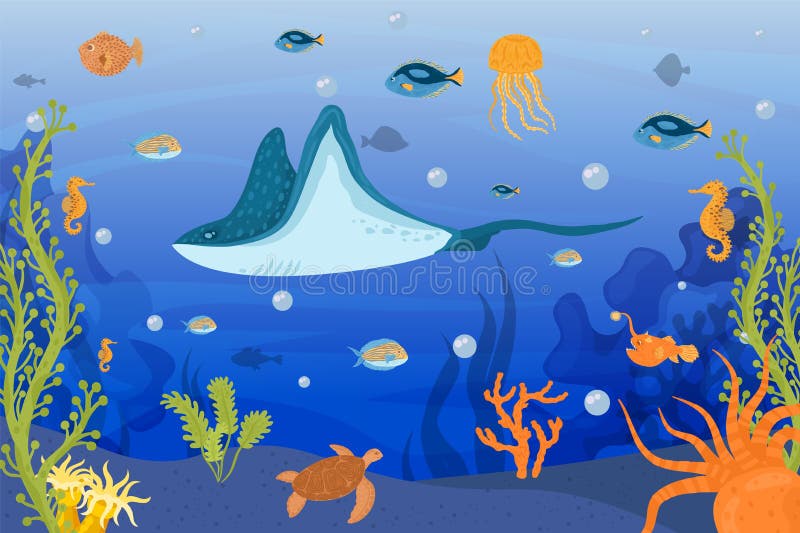 Vida Submarina Océano Dibujos Animados Peces En El Mar Naturaleza Con  Corales Vector Ilustración. Arrecife Tropical Con Animales S Ilustración  del Vector - Ilustración de silueta, travieso: 215523222