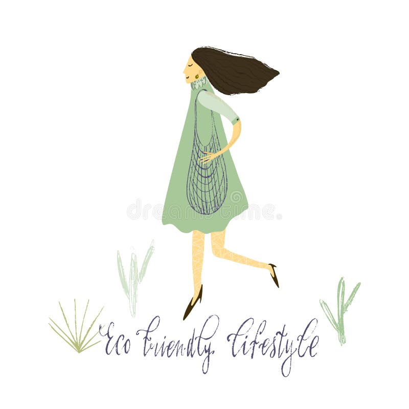 Vida zero do desperdício Estilo de Eco nenhum plástico vai o verde Mulheres com saco do eco Ilustração desenhada mão do vetor ilustração do vetor Vida zero do desperdício Estilo de Eco nenhum plástico vai o verde Mulheres com saco do eco Ilustração desenhada mão do vetor ilustração do vetor