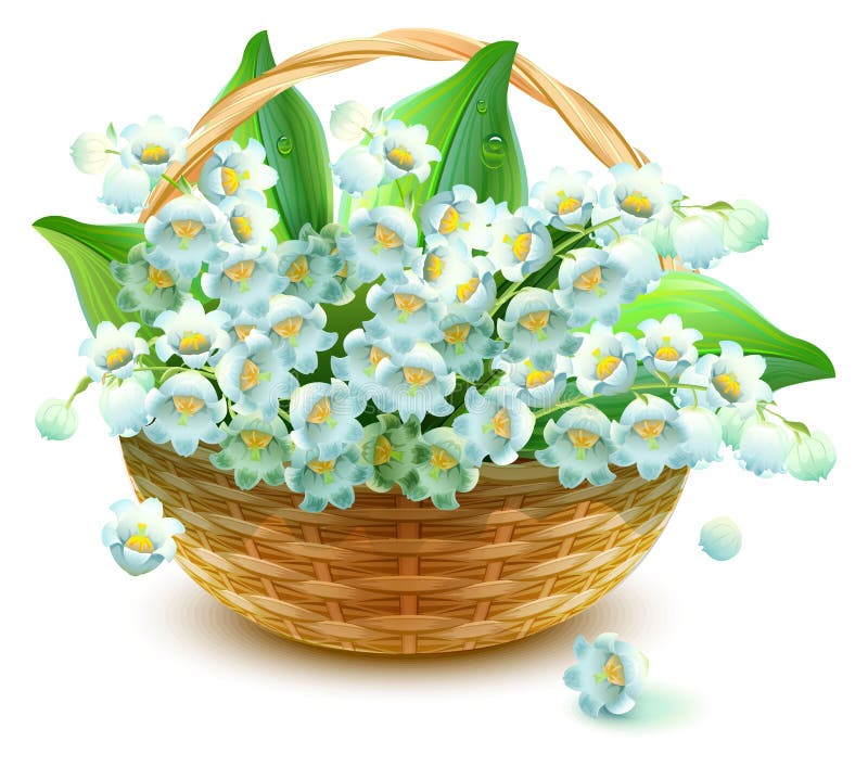 Vide- korg av blommor Blommaliljadal Bukettlilja av dalen stock illustrationer